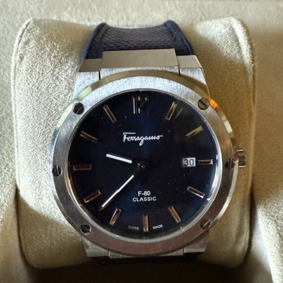 Ferragamo Men's F-80 Watch Classic Blue Leather Strap Blue Dial 42mm & Watch Box - Picture 2 of 13